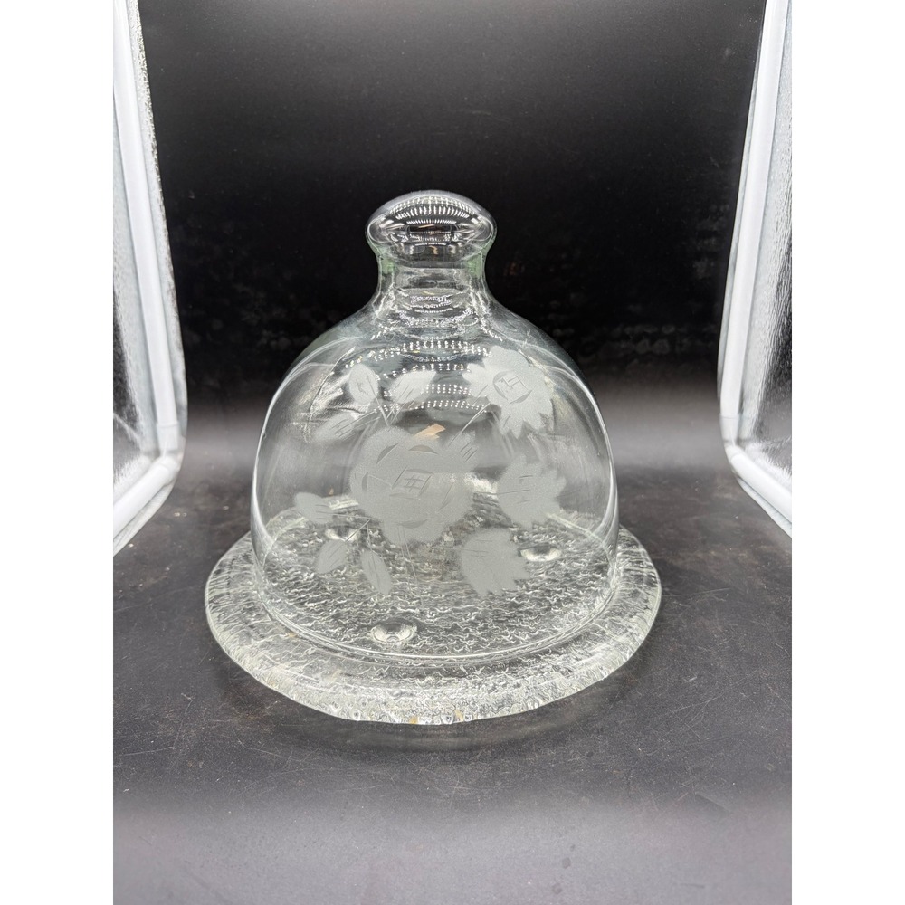 Vintage Etched Glass Cheese Dome Cloche and Textured Round Underplate Set Floral